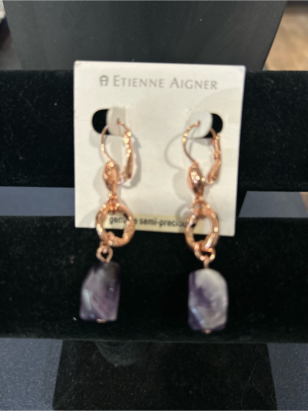 Etienne Aigner Rose Gold & Semi Precious Purple Amethyst Dangle Earrings - Picture 3 of 5
